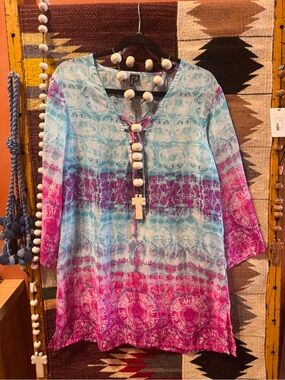 Women’s Tie-Dye Lace-Up Swim Coverup in Blue & Pink